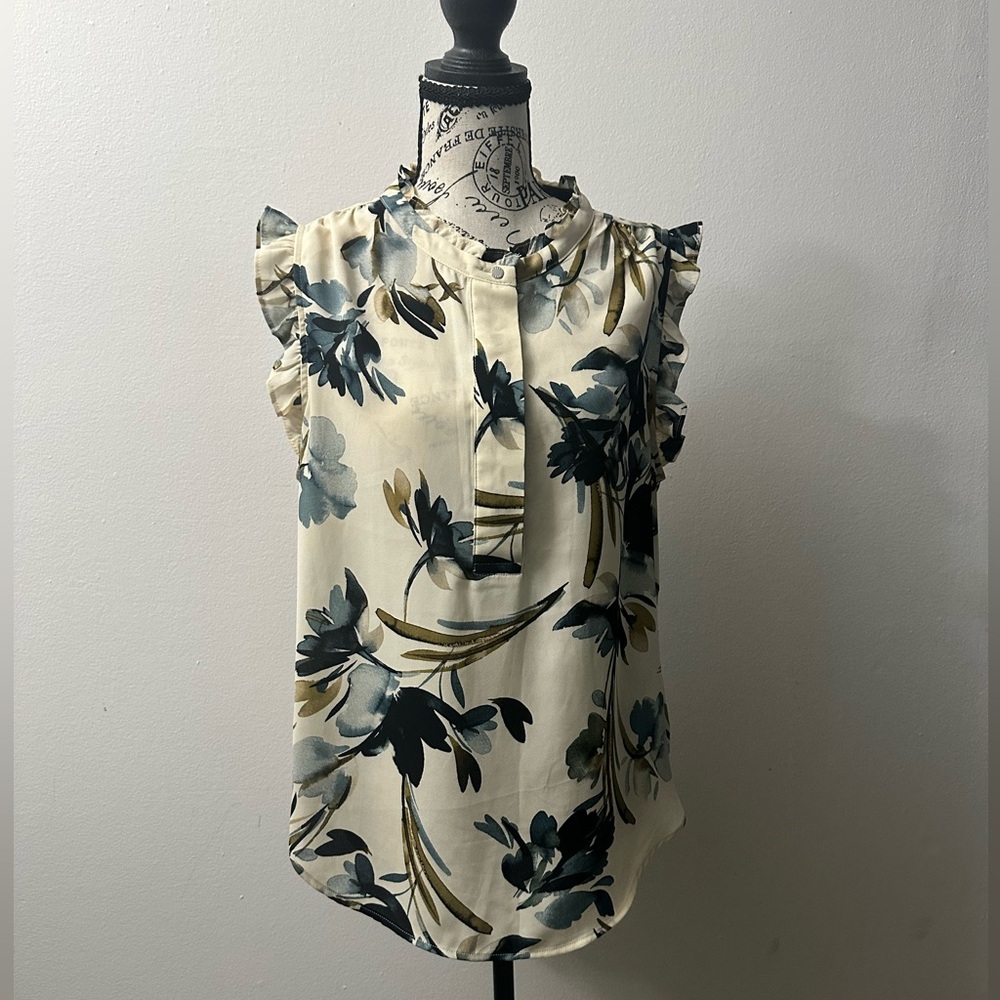 DKNY Women's Floral Ruffle Blouse - Cream and Black
